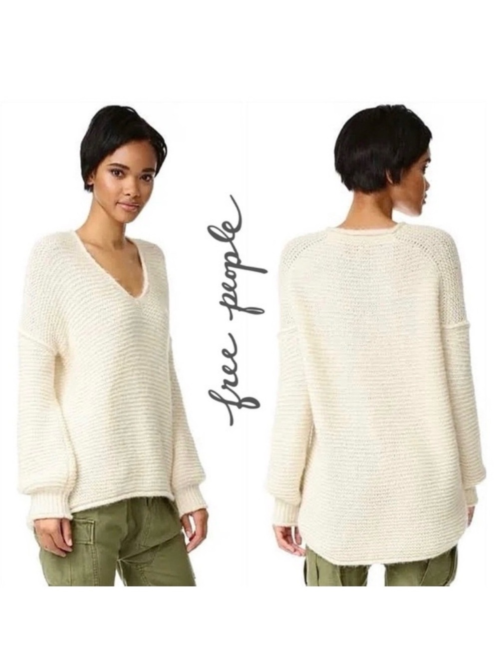 FREE PEOPLE Ivory All Mine Cotton Alpaca Knit V Neck Relax Fit Cozy Sweater Sz L
